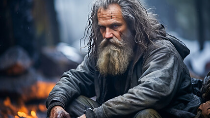 Homeless poor beggar sits on the street. - obrazy, fototapety, plakaty