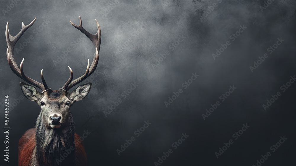 Canvas Prints front view of red deer on dark gray background. wild animals banner with copy space
