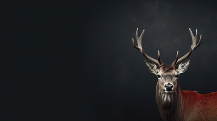Front view of Red Deer on dark gray background. Wild animals banner with copy space - obrazy, fototapety, plakaty