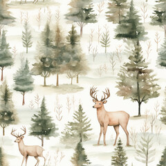 forest, ice, ,snow and deer seamless watercolor christmass seamless  pattern textile Generative AI
