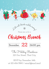 Christmas Brunch invitation template. Winter holiday illustration with a gift box, a candy cane, a Santa Claus bag, a decoration ans a sock on a background of a winter landscape. Vector 10 EPS.