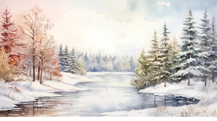 Obraz premium Christmas vintage watercolor landscapes