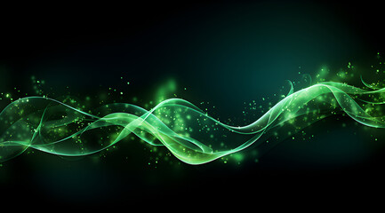 Elegant abstract art featuring flowing green neon waves and space dust on a dark backdrop, perfect for a modern wallpaper.