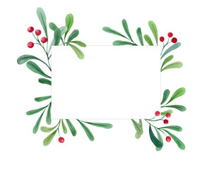 Watercolor Christmas frame with green branches and red berries. Illustration New Year and Christmas greeting card. Design and decoration, festive theme, minimalistic design.
