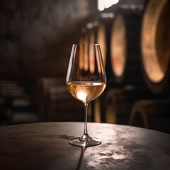 Closeup of glass of white wine in winery cellar.