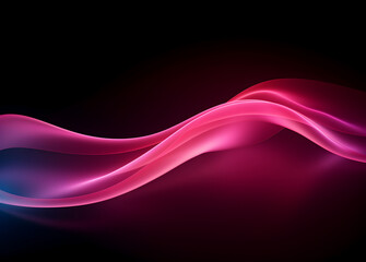  Soft red waves in neon light on a black background. Abstract wide wallpaper. 