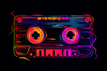 Neon cassette on black background