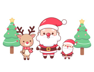 cute Santa Claus, reindeer, and Christmas tree decorations. Holiday cartoon character vector.