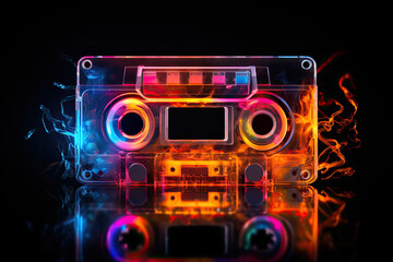 Neon cassette with reflection on black background