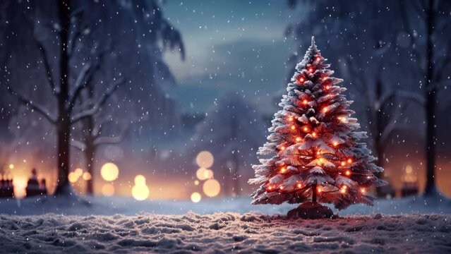 Christmas scene with copy space. Christmas tree in the winter forest. Beautiful winter landscape with Christmas tree.. Snowfall. Loop. Space for text. 
