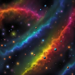 Fototapeta premium Regenbogen Wolken bunt kräftig leuchtende Galaxien aus Sternen und Planeten in einem dunklen unendlich weiten Universum. Hintergrund und Vorlage für Technik, Astronomie, Wissenschaft und Forschung