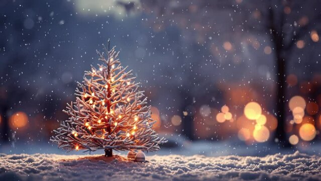 Christmas scene with copy space. Christmas tree in the winter forest. Beautiful winter landscape with Christmas tree.. Snowfall. Loop. Space for text. 
