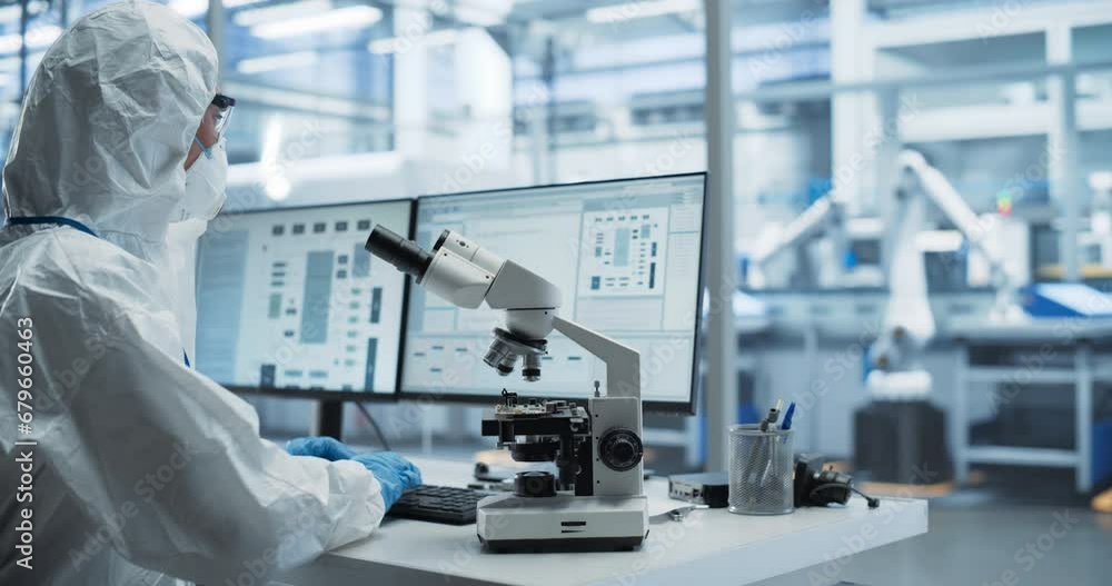 Poster Research Factory Cleanroom: Engineer Wearing Coveralls, Gloves and Goggles while Using Microscope to Inspect a Microchip. Scientist Developing an Advanced Electronics Component for Precision Industry