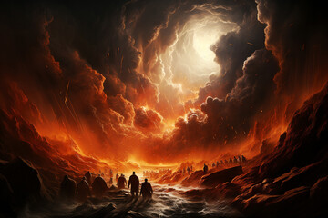 Exodus of the bible, Moses splits the red sea and crosses with the Israelites the water, escape from the Egyptians
