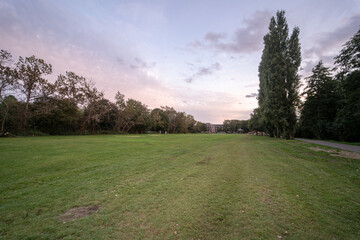 Large empty camping area in England during sunset