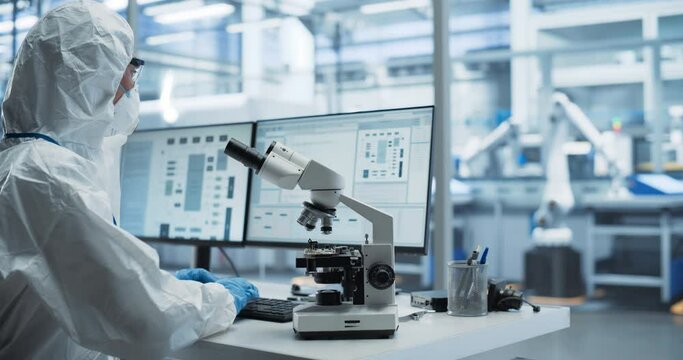 Research Factory Cleanroom: Engineer Wearing Coveralls, Gloves and Goggles while Using Microscope to Inspect a Microchip. Scientist Developing an Advanced Electronics Component for Precision Industry
