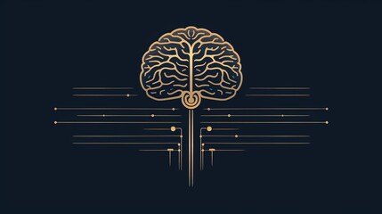 In the style of René Magritte, a simple, minimalist design of a brain, empowered by technology, bold black and gray lines Dark blue background. - obrazy, fototapety, plakaty