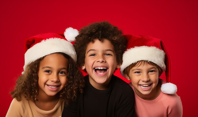 A group of cute children wearing santa hats excited for the Christmas holiday season