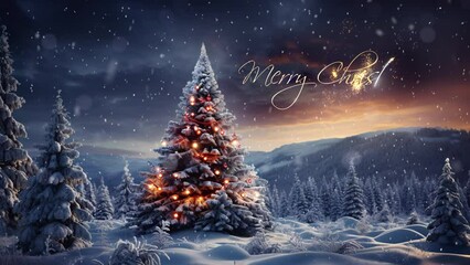 Merry Christmas reveal. Christmas tree in the winter forest. Beautiful winter landscape with Christmas tree. Winter scene with christmas greetings.  - Powered by Adobe