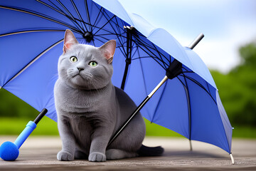 russian blue cat holding an umbrella, Generative Ai
 - obrazy, fototapety, plakaty
