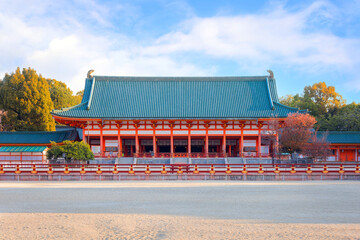 Fototapeta na wymiar Kyoto, Japan - April 2 2023: Heian Shrine built on the occasion of 1100th anniversary of the capital's foundation in Kyoto, dedicated to the spirits of the first and last emperors who reigned the city