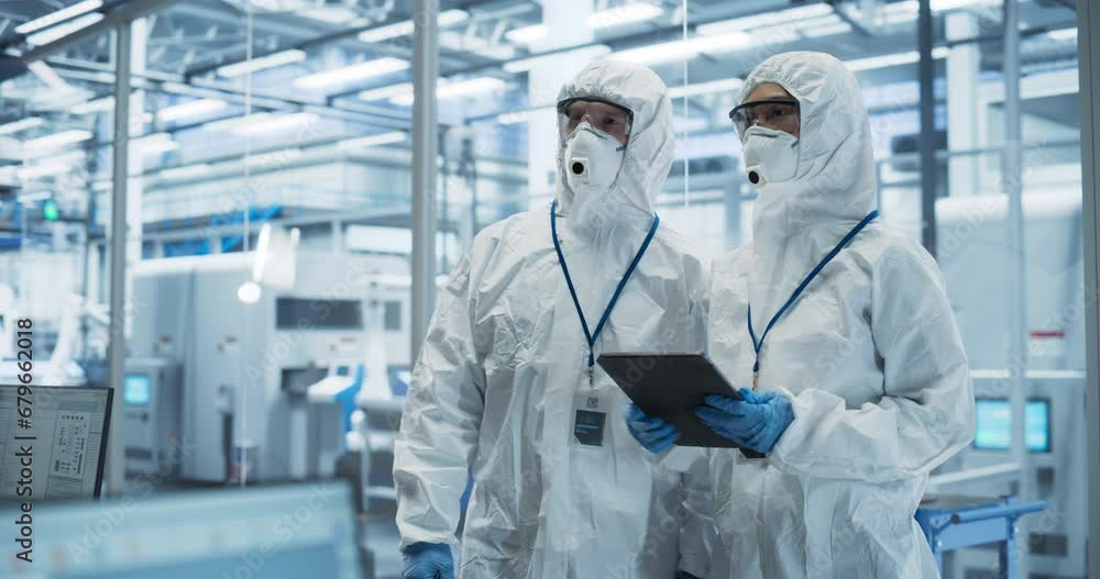Poster Bioengineers in Protective Coveralls, Masks and Eyewear Using Tablet Computer at a Chemical Manufacturing Complex. Laboratory Specialists Monitoring Conditions at a Modern Factory with Robotic Arms