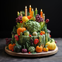 Birthday healthy cake for vegetarians and vegans made with red and green fruits and vegetables.