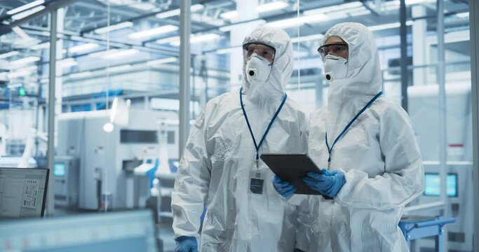 Bioengineers in Protective Coveralls, Masks and Eyewear Using Tablet Computer at a Chemical Manufacturing Complex. Laboratory Specialists Monitoring Conditions at a Modern Factory with Robotic Arms