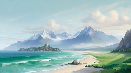 Dreamy Beach Landscape with Majestic Mountains and Castle on Cliff