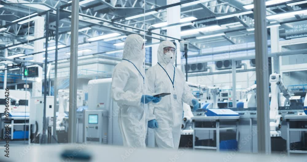 Aufkleber workers walking in full-body protective coveralls, masks and goggles at a manufacturing plant. speci