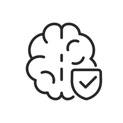 Brain Health Icon. Vector Outline Editable Isolated Sign of a Healthy Brain and Shield with Checkmark, Symbolizing Protection and Wellness of Cognitive Functions.