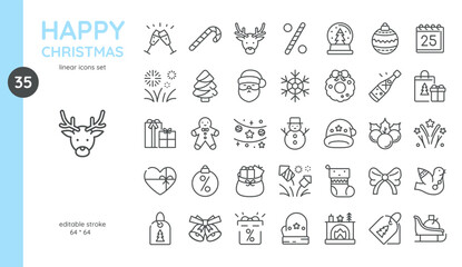 Merry Christmas Icon Set. Candy cane, Santa Christmas Reindeer, Celebrating Champagne Glasses, Midnight Clock, Festive Fireworks, Christmas Sale. Isolated Winter New Year Holidays Signs Collection. - obrazy, fototapety, plakaty
