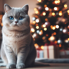 Süße Britisch Kurzhaar-Katze vor festlichem Weihnachtsbaum, generative KI. - obrazy, fototapety, plakaty