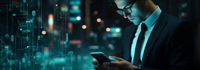 Technology concept. A handsome young businessman in a business suit is using a mobile phone. Abstract modern hi tech background. Corporate creative design - obrazy, fototapety, plakaty