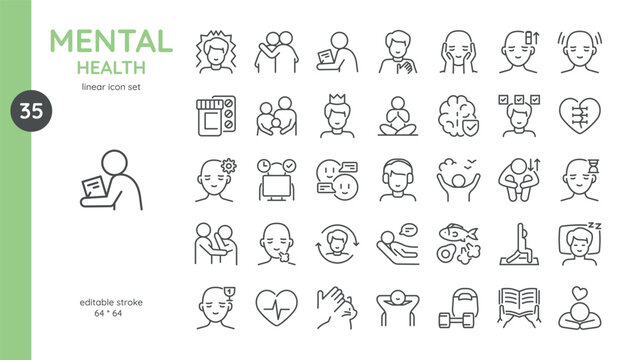 Mental Health Icon Set.  Stress Resistance, Family Support, Self-Care, Good Sleep, Drug Treatment, Keto Diet, Relaxation, Outdoor Activity and More. Isolated Vector Mental Health Signs Collection.