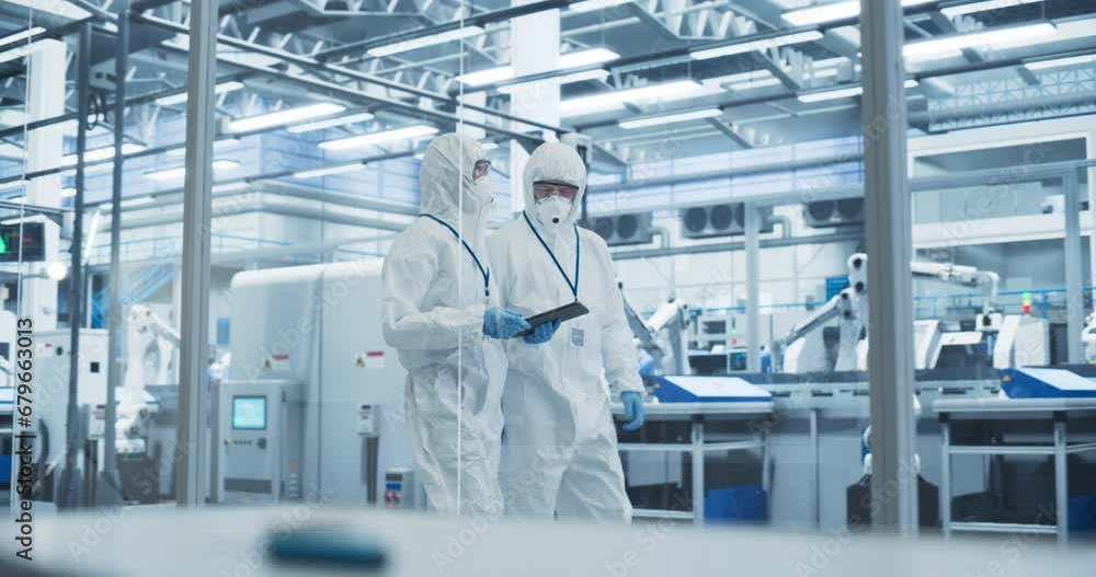 Poster Factory Assembly Facility: Engineers in Coveralls and Masks Walking Through Workshop Facility and Using a Tablet Computer. In Background Robotic Arms Producing Modern High Tech Electronics Components