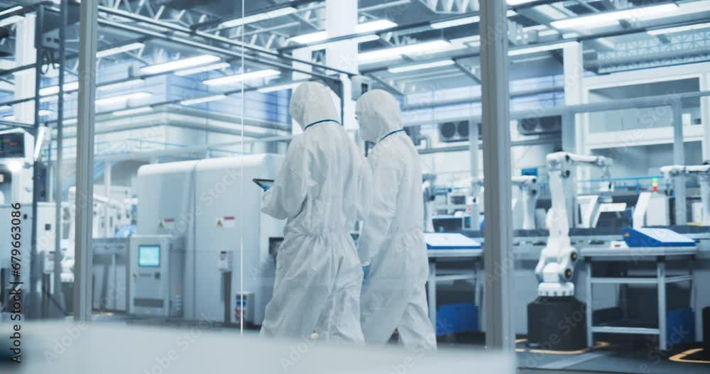 Aufkleber sterile modern factory: professionals in coveralls having a conversation while walking through a pla