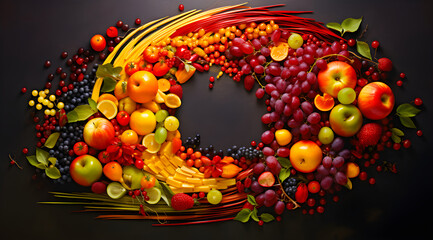 beautiful, colorful circle made of various fruits like apples, grapes, berries, and citrus on a dark surface, arranged artistically