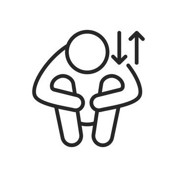 Ups And Downs Icon. Vector Outline Editable Isolated Sign Of An Exhausted Person Hugging Knees With Up And Down Arrow Pictogram, Symbolizing The Fluctuating Nature Of Life's Challenges And Resilience.