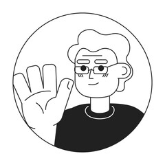 Elderly caucasian man waving hand greeting black and white 2D vector avatar illustration. Handwave old man european outline cartoon character face isolated. Welcome gesture grandfather flat portrait