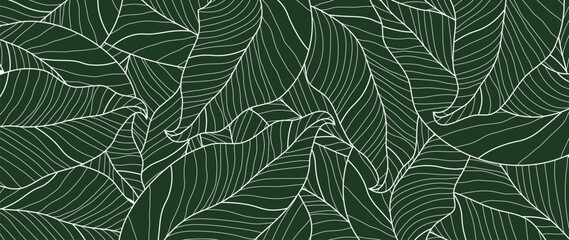 Tropical leaf line background vector. Abstract botanical leaf line in minimalist linear style. Design for fabric, print, cover, banner, decoration, wallpaper. - obrazy, fototapety, plakaty