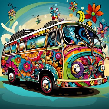 Wave particle retro chevy hippie surf van beautiful image Ai generated art