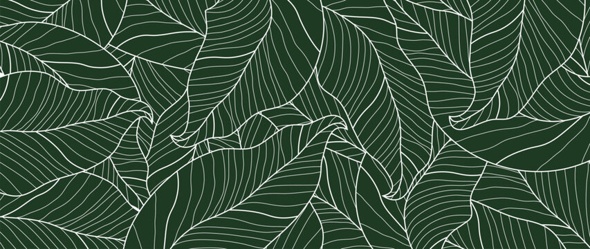 Tropical leaf line background vector. Abstract botanical leaf line in minimalist linear style. Design for fabric, print, cover, banner, decoration, wallpaper.