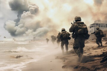 Soldiers walk along the shore
