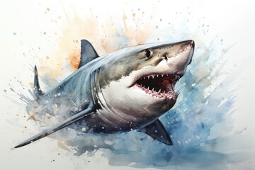 Naklejka premium watercolor Shark Hungry shark illustration with splash watercolor textured background