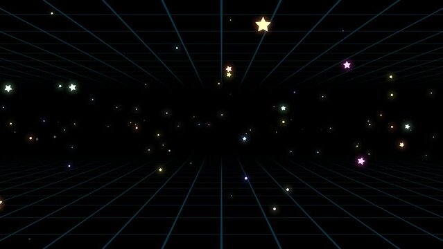 Looped colorful stars flying through grid lines motion graphics.