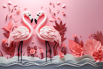 A couple of pink flamingos in paper cut style forming a heart shape. Valentine's Day card with copy space
