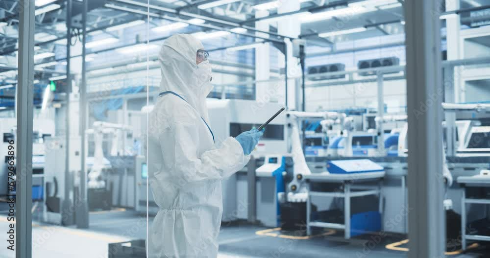 Aufkleber Female Technician in Protective Coveralls, Mask and Eyewear Using Tablet Computer at a Manufacturing Complex. Specialist Monitoring Conditions at a Modern Electronics Factory with Automated Robots