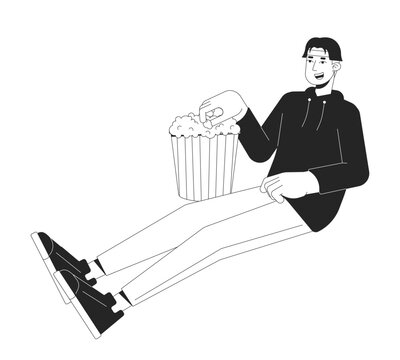 recommend clip art: Korean young adult man taking popcorn from bucket black and white 2D line cartoon character. Asian boy grabbing popcorn isolated vector outline person. Movie night monochromatic flat spot illustration