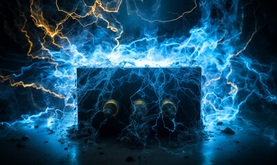 Electric guitar amplifier with lightning and smoke on dark background. Music concept - obrazy, fototapety, plakaty